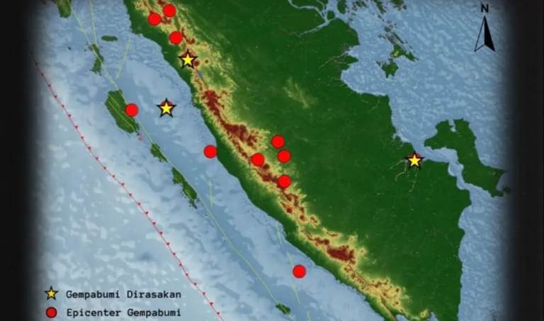 Peta titik 13 kali gempa bumi di wilayah Sumatera Barat selama periode 23-29 Mei 2025, dengan 3 di antaranya terasa. (BMKG&nbsp;Padangpanjang)