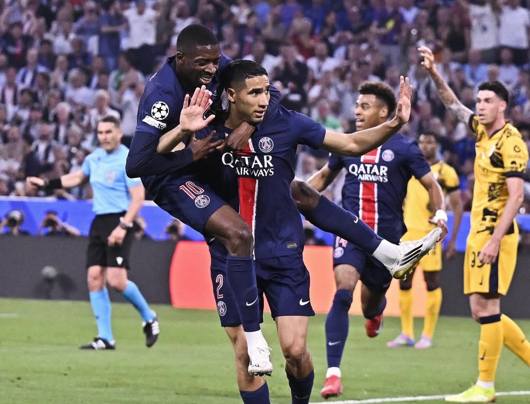 Gol pembuka laga PSG vs Inter Milan di Final Liga Champions 2025 tercipta pada menit ke-12 melalui aksi Achraf Hakimi.(Foto: Instagram PSG)