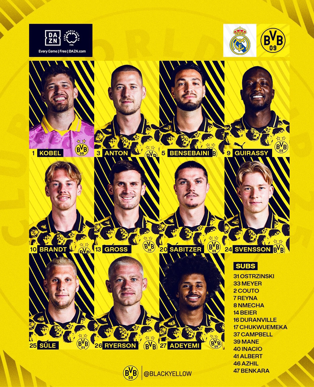 Susunan Pemain Borussia Dortmund vs Real Madrid di Perempat Final Piala Dunia Antarklub 2025. (Source X: Black Yellow)