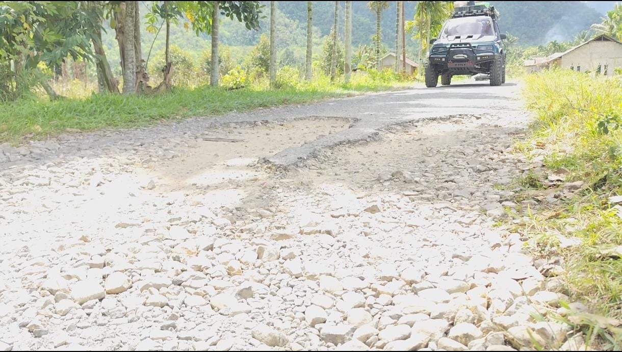 BUTUH PERHATIAN: Jalan berlubang menuju Pemandian Lembah Mangkisi yang dikeluhkan wisatawan. Kondisi ini dikhawatirkan menghambat geliat wisata di daerah tersebut.(DOKUMEN PADEK)