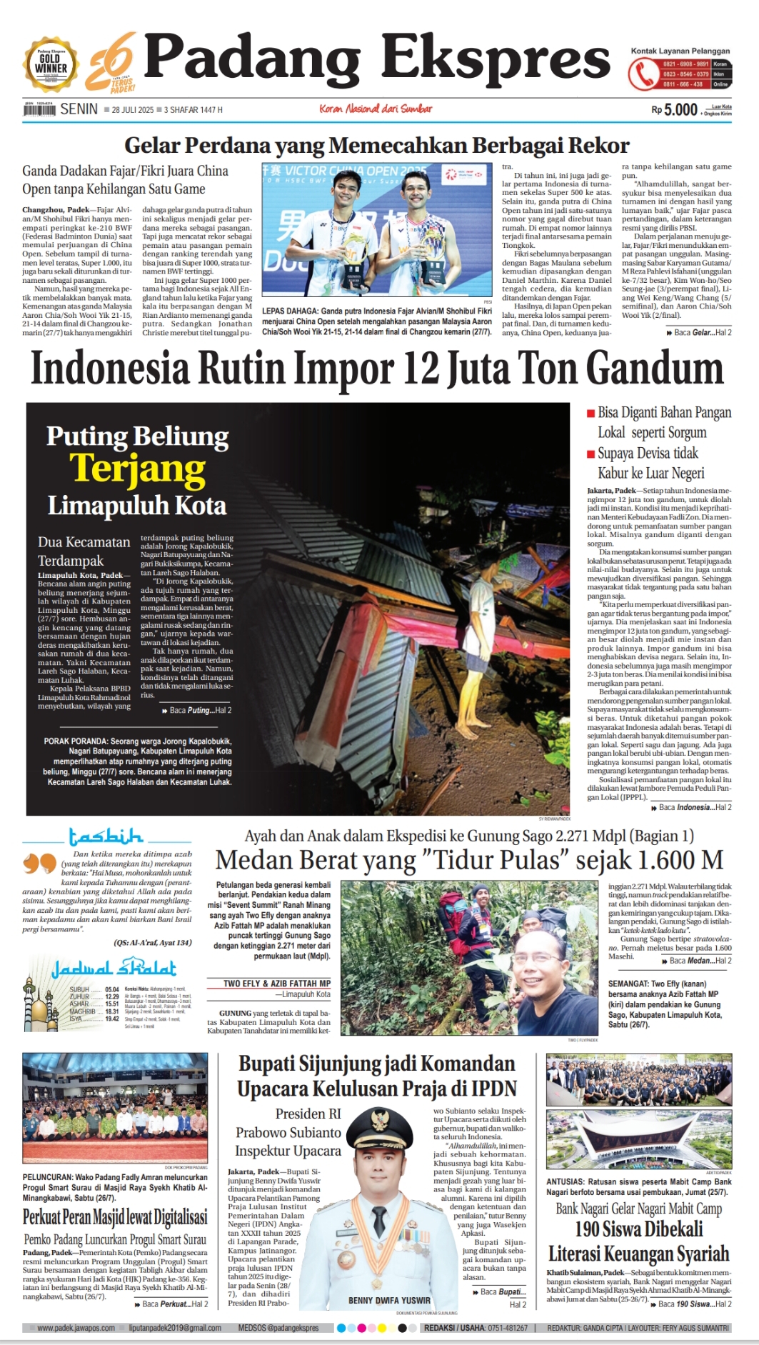 Headline Koran Padang Ekspres edisi Senin 28 Juli 2025.