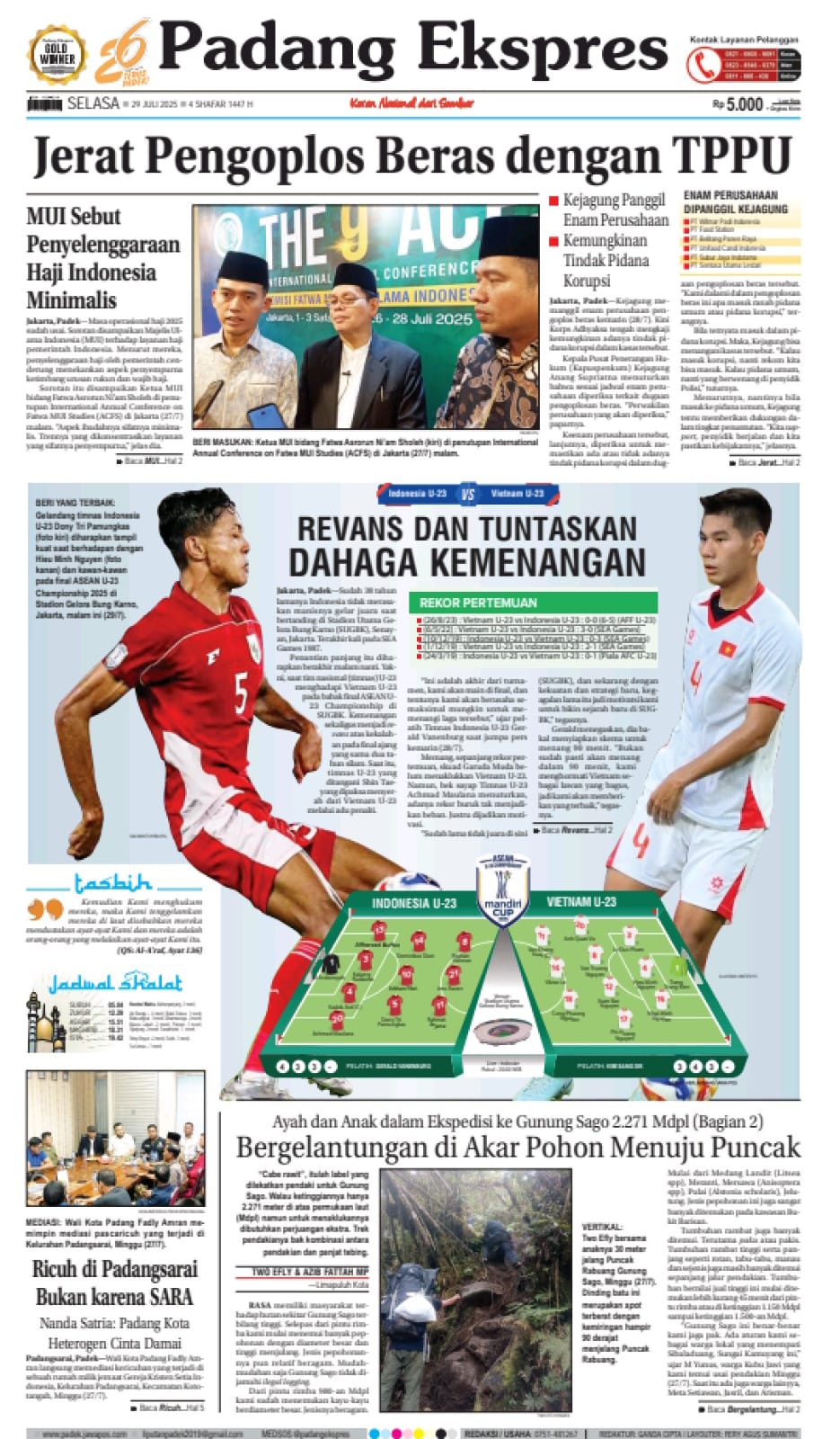 Headline Koran Padang Ekspres edisi Selasa 29 Juli 2025.
