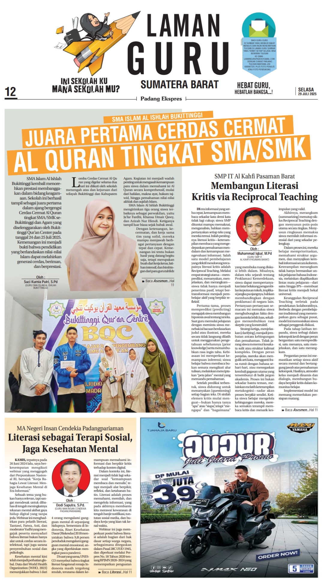 Laman Guru Padang Ekspres edisi Selasa 29 Juli 2025.