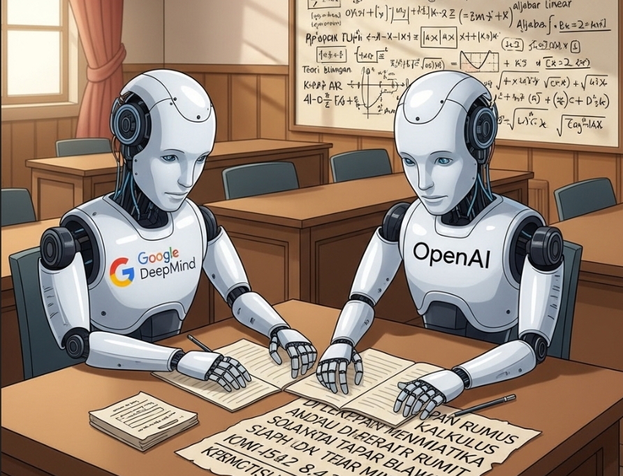 Duel Intelektual Raksasa AI: Robot DeepMind dan OpenAI bersaing dalam ajang Olimpiade Matematika, fokus mengerjakan soal rumit dalam suasana tegang dan penuh konsentrasi. (Foto ilustrasi: AI Google)