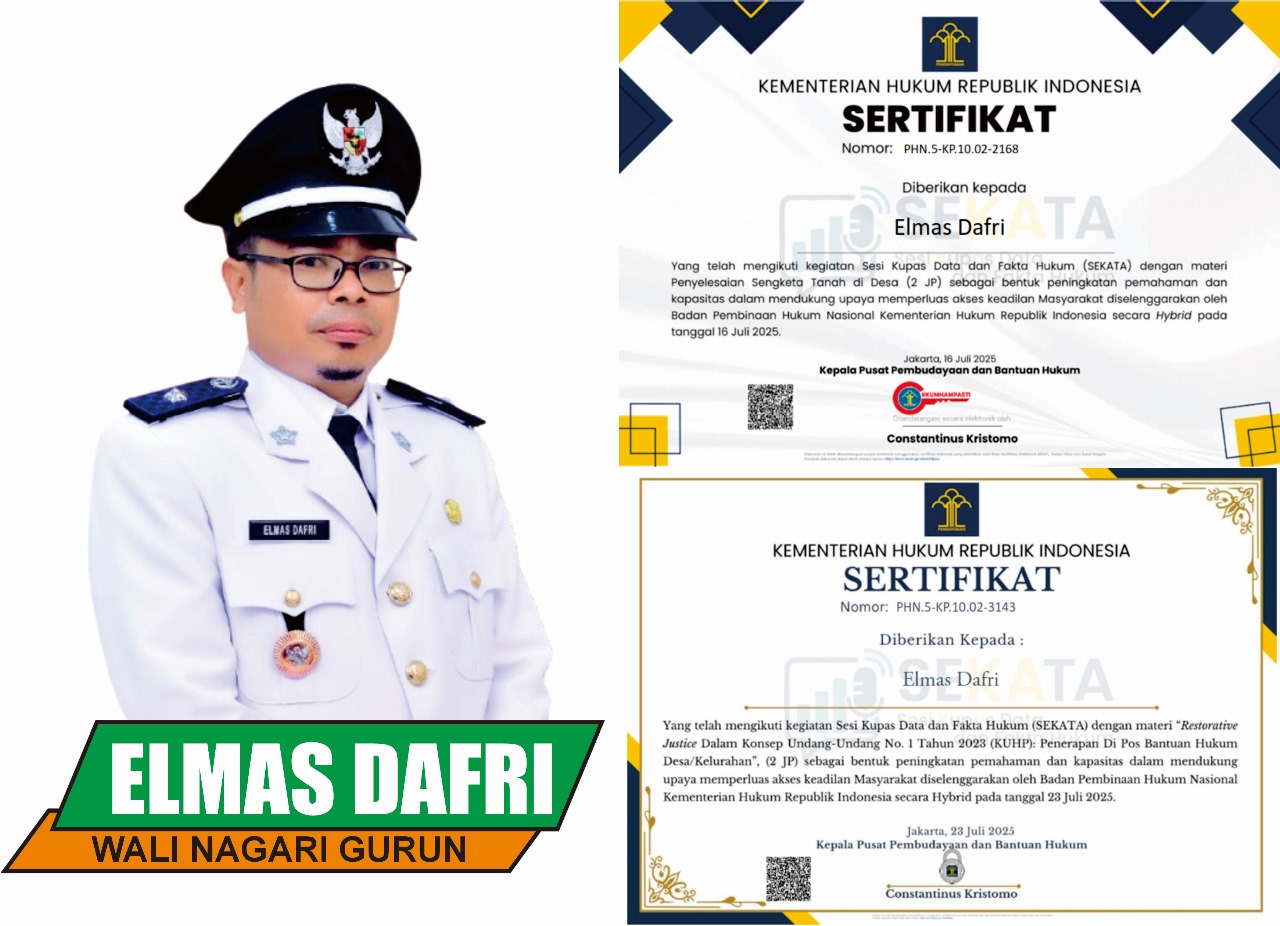 Wali Nagari Gurun, Elmas Dafri, satu dari delapan wali nagari di Tanahdatar yang lolos seleksi awal dan direkomendasikan sebagai penerima gelar Non Litigasi Peacemaker (N.LP).