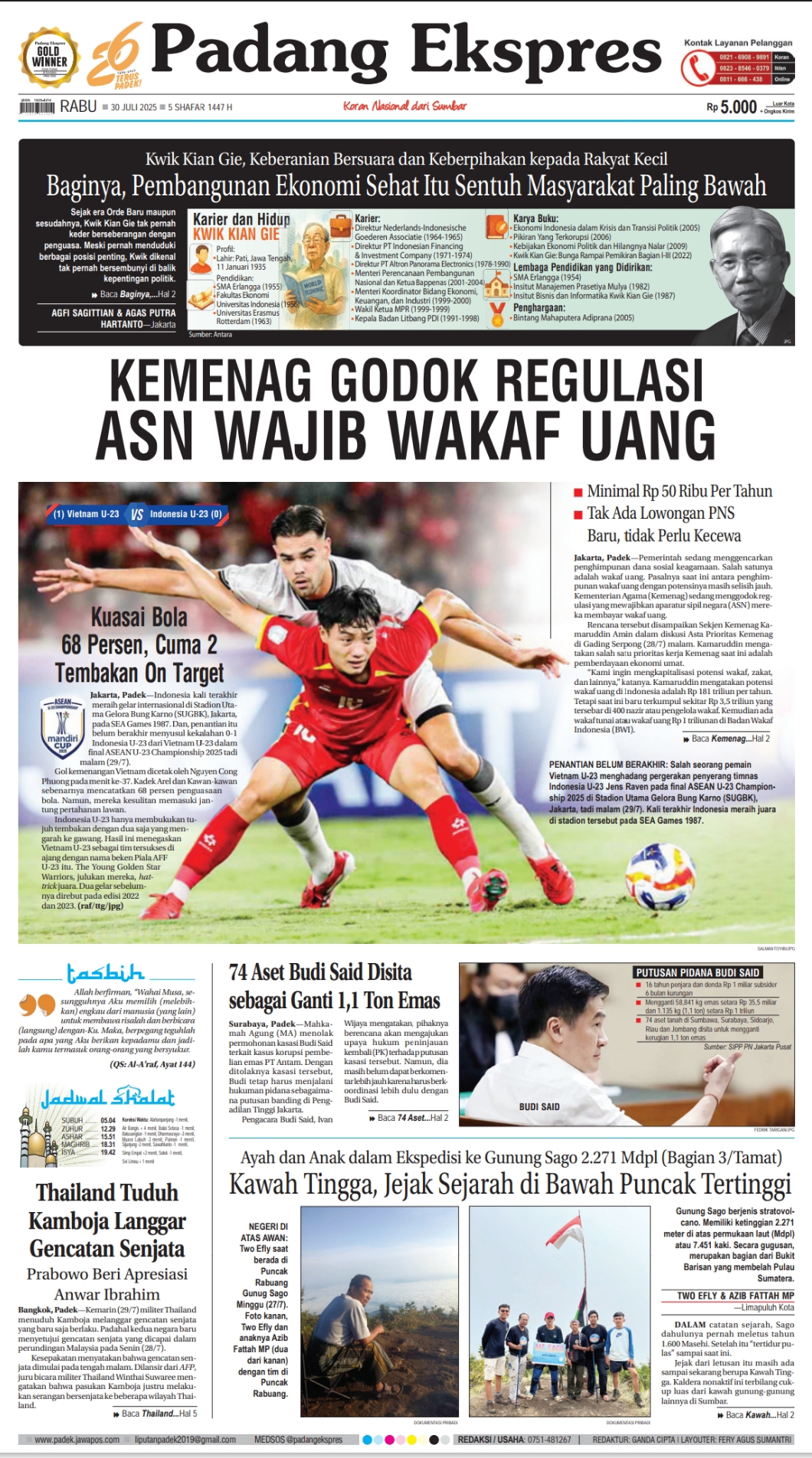 Headline Koran Padang Ekspres edisi Rabu 30 Juli 2025.