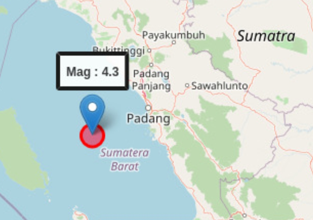 Peta titik lokasi gempa bumi di Barat Daya Padang dengan magnitudo 4,3 pada Rabu, 30 Juli 2025 pukul 14.46 WIB.(Foto: BMKG)