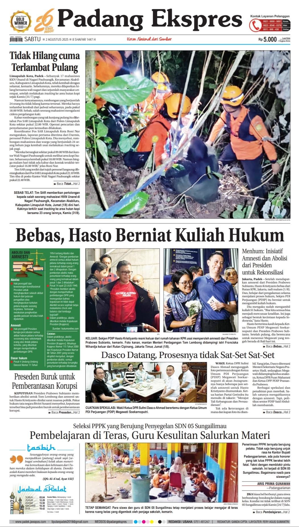 Koran Padang Ekspres edisi Sabtu 2 Agustus 2025.