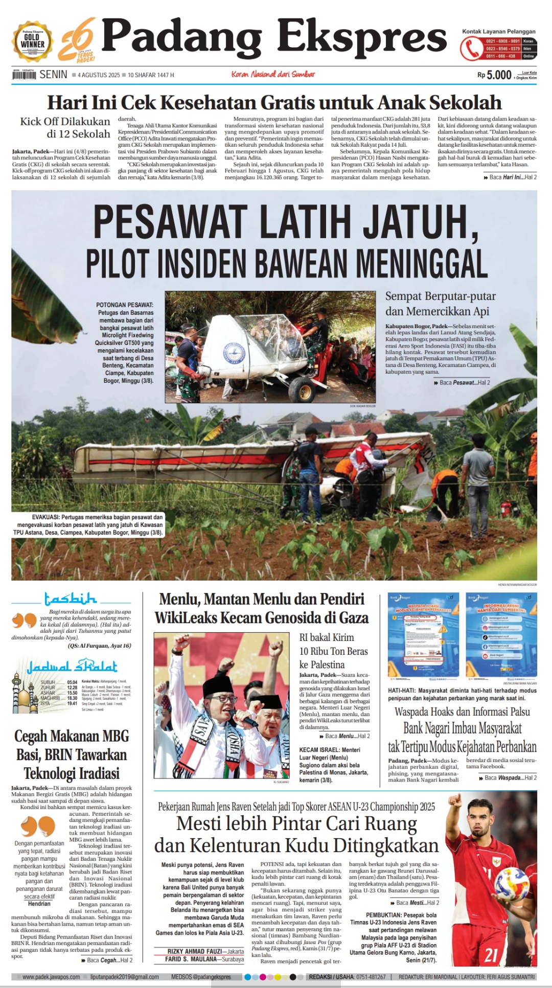 Headline Koran Padang Ekspres edisi Senin 4 Agustus 2025.