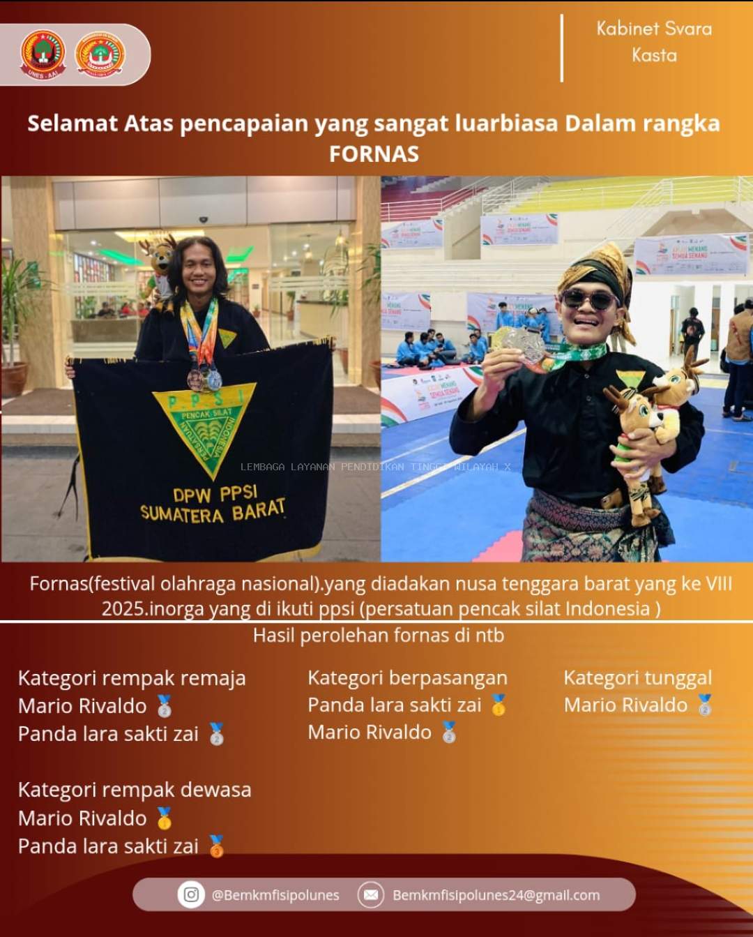 Mahasiswa Universitas Ekasakti Raih Medali Emas dan Perak di FORNAS VIII NTB