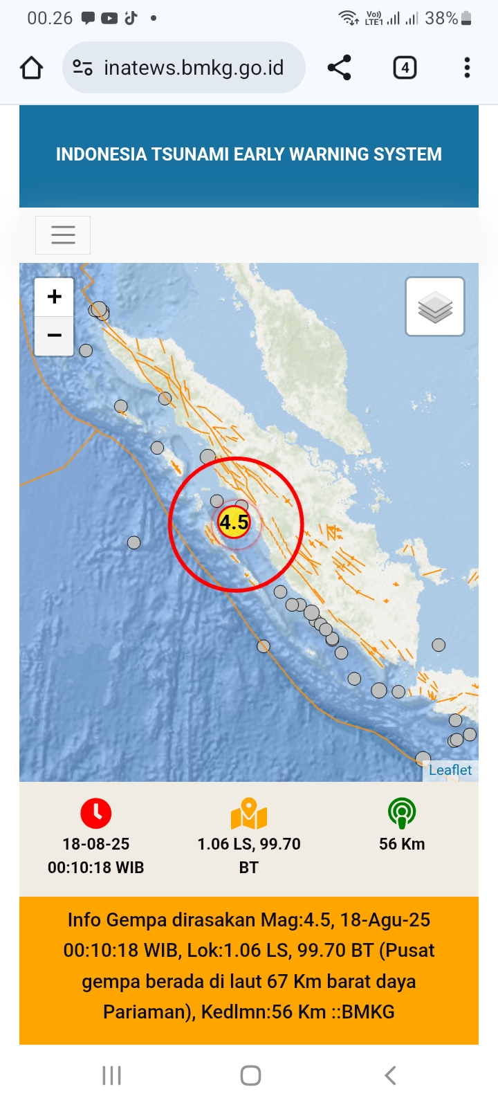 Peta pusat gempa bumi dengan magnitudo 4,5 mengguncang Pariaman, Sumatera Barat pada Senin dini hari (18/8/2025).