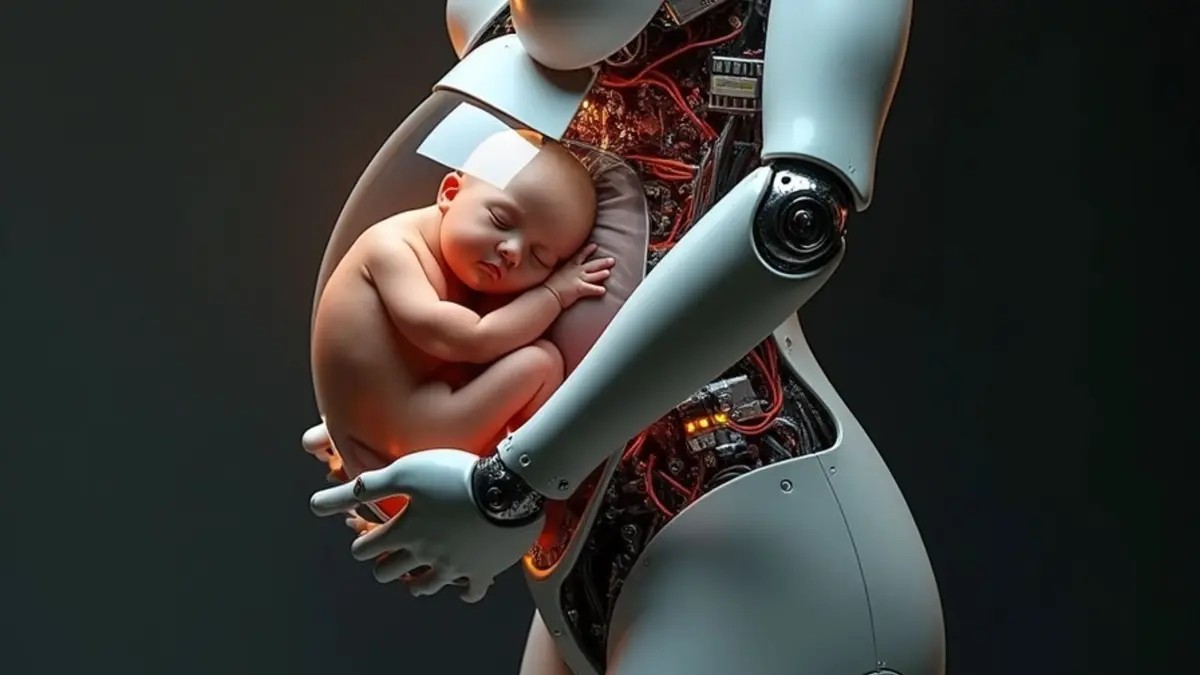 PERTAMA DI DUNIA: Gambar konsep robot humanoid hamil yang dihasilkan AI. Kaiwa Technology bakal meluncurkan robot humanoid yang bisa mengandung dan melahirkan bayi melalui rahim buatan.