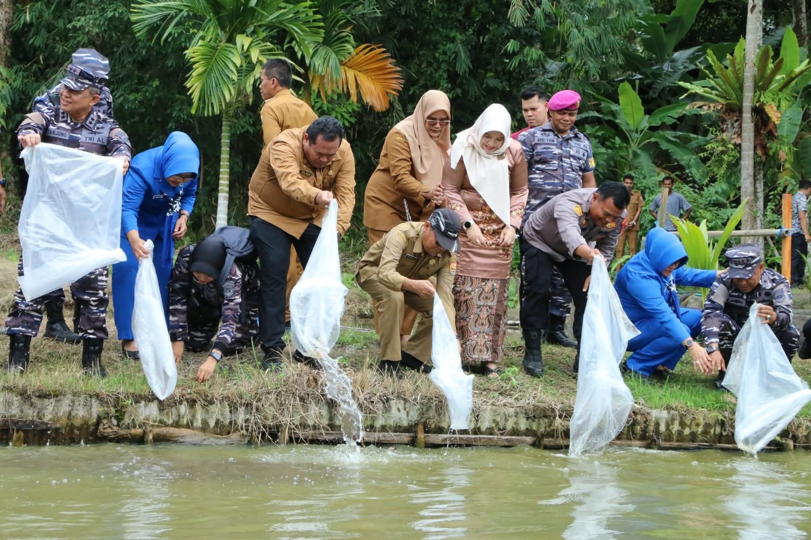 SUKSESKAN PROGRAM: Komandan Kodaeral II Padang, Laksamana Muda TNI Sarimpunan Tanjung, bersama Wali Kota Pariaman Yota Balad, menebar benih ikan nila di Desa Kampung Kandang, Kecamatan Pariaman Timur.