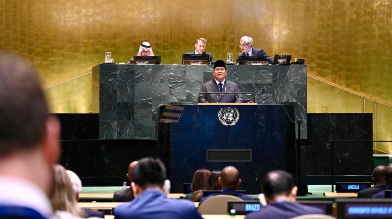 SAMPAIKAN PANDANGAN: Presiden Prabowo Subianto berpidato di KTT Penyelesaian Damai atas Masalah Palestina dan Implementasi Solusi Dua Negara di Sidang Umum PBB di New York (22/9).