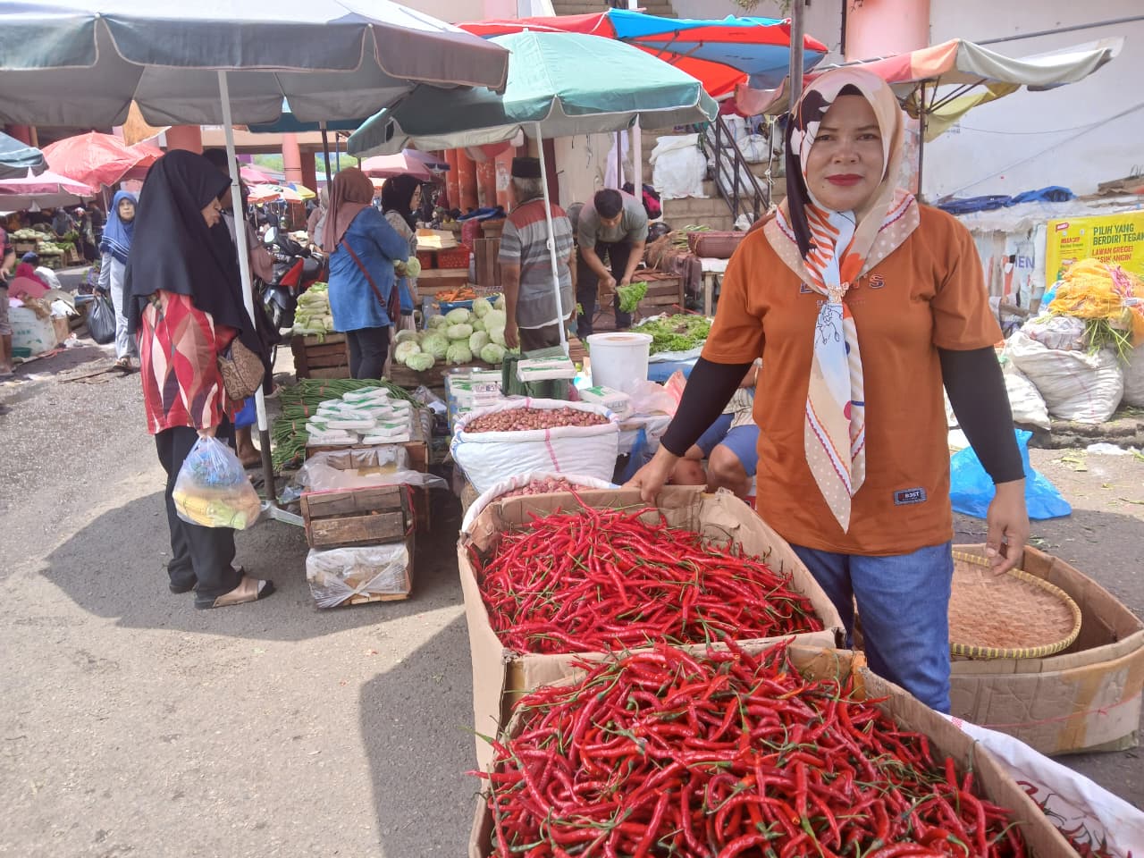 Salah seorang pedagang cabai di Pasar Raya Padang sedang menunggu pembeli, kemarin.