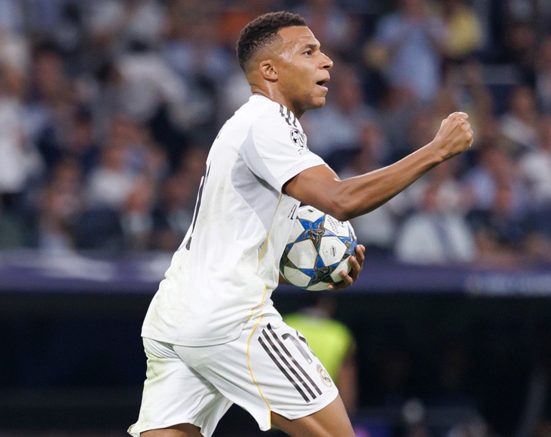 Kylian Mbapp&eacute; merayakan golnya saat Real Madrid menang 5-0 atas klub Kazakhstan di Liga Champions 2025-2026.(Foto: Real Madrid)