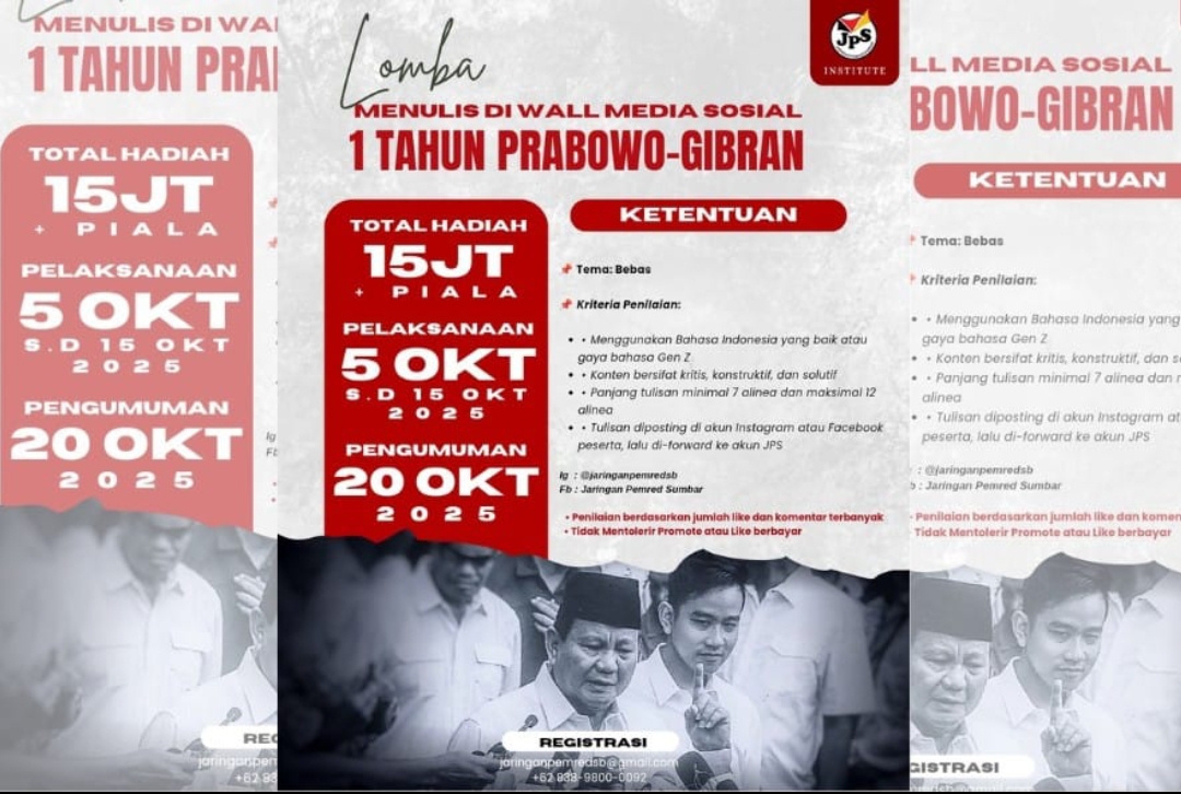 Lomba menulis JPS Institute Padang sambut satu tahun kepemimpinan Prabowo-Gibran di media sosial.(Foto: JPS/Riko)