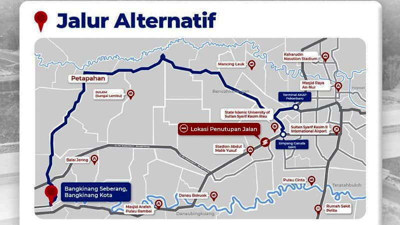 Jalur alternatif akibat diberlakukannya buka tutup Jalan Nasional Pekanbaru&ndash;Padang untuk pengerjaan girder Tol Lingkar Pekanbaru.