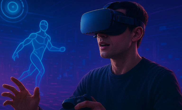 Ket foto: Seorang gamer tengah bermain menggunakan perangkat Realitas Virtual (VR) dengan latar dunia digital futuristik. Teknologi AI dan VR kini menjadi kekuatan utama.