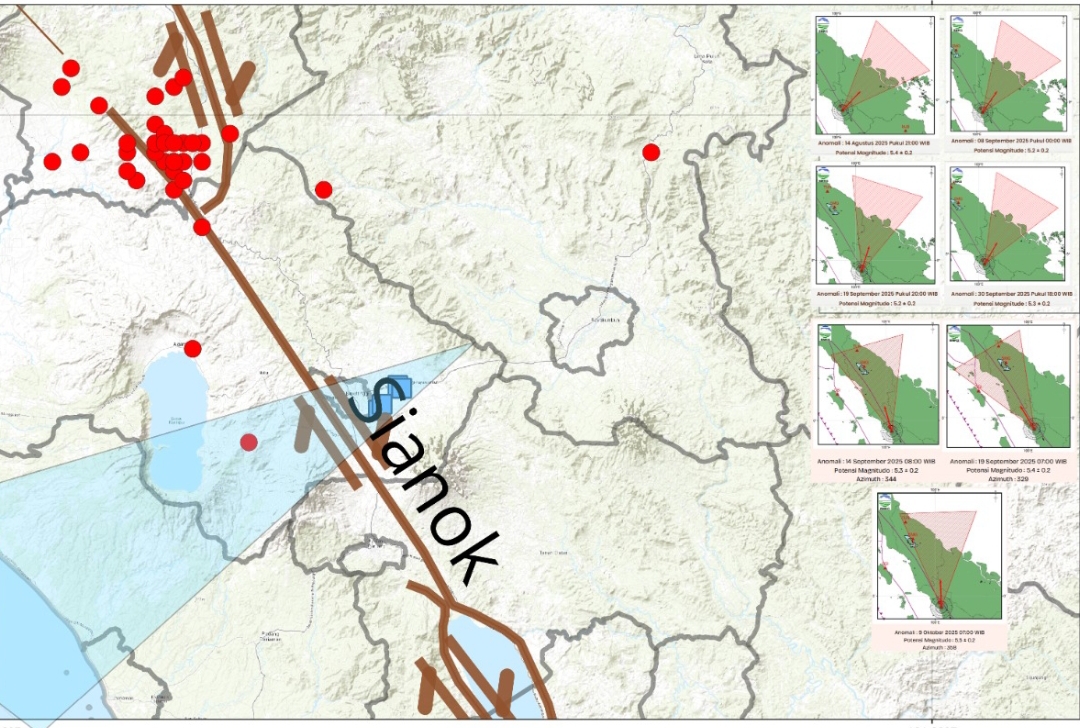 Peta seismisitas wilayah Bonjol, Pasaman, memperlihatkan titik-titik aktivitas gempa dangkal di sekitar Segmen Sianok bagian utara yang terekam BMKG sejak 13 hingga 16 Oktober 2025.(Foto: BMKG)
