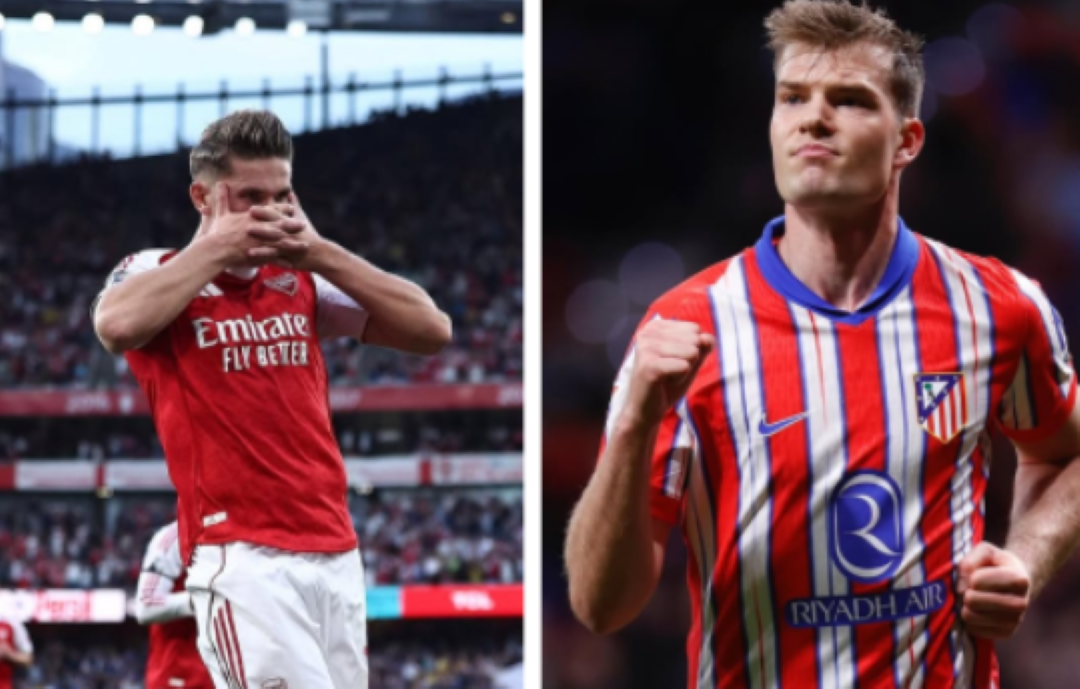 Striker Arsenal asal Swedia, Viktor Gyokeres (kiri) dan striker Atletico Madrid Alexander Sorloth (kanan) beradu gol di Stadion Emirates, London, dini hari nanti (22/10).
