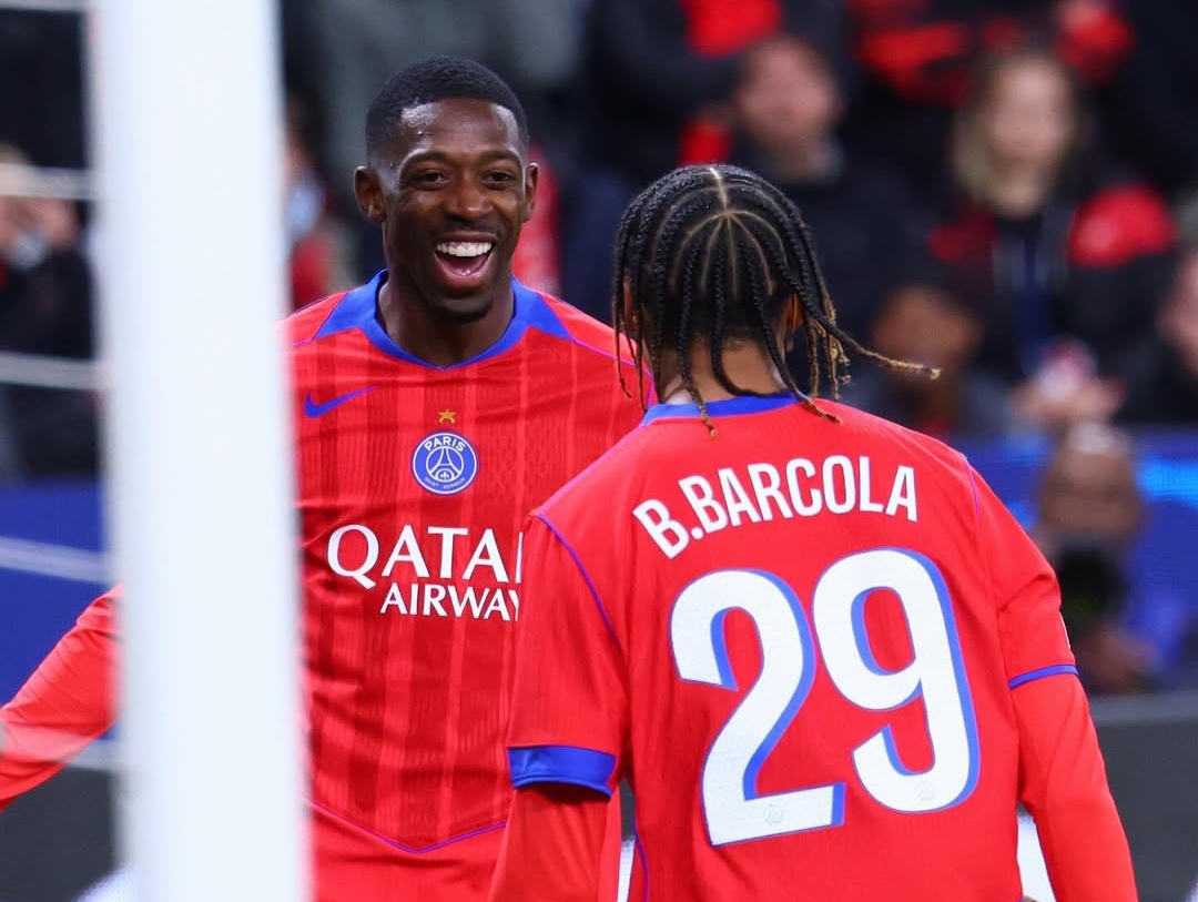 Ousmane Demb&eacute;l&eacute; rayakan gol comeback di Liga Champions, memperkuat kemenangan PSG atas Bayer Leverkusen 7-2. (Foto: Instagram @psg)