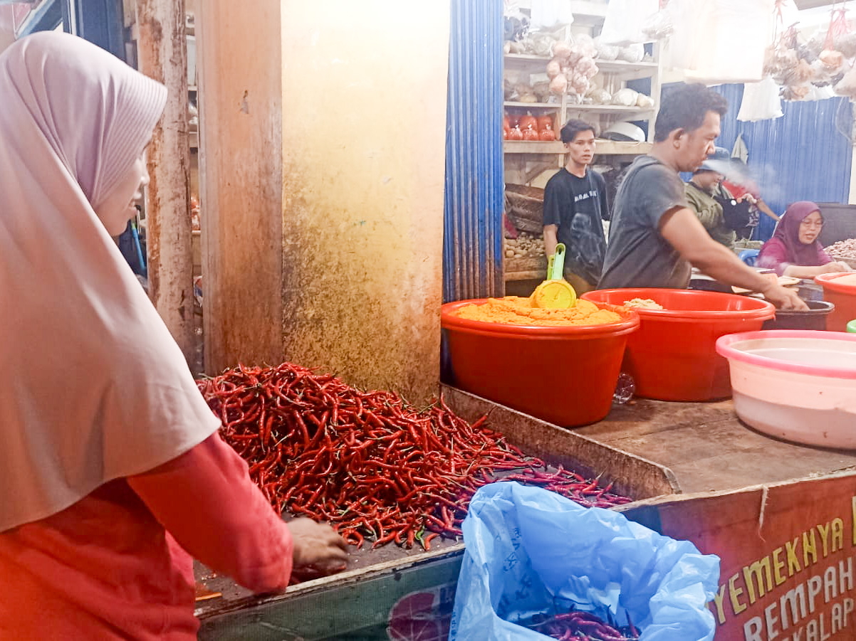 Pekerja kios memilih cabai merah untuk diolah jadi cabai giling di Pasar Raya Padang. (Foto Fadli Zikri/Padeks)