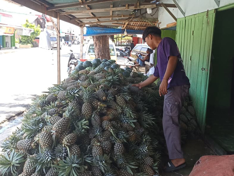 Pedagang nanas di Jalan Raya Lubuk Minturun, Pasar Tabing, Kecamatan Koto Tangah, Kota Padang. (Foto: Fadli Zikri/Padeks)