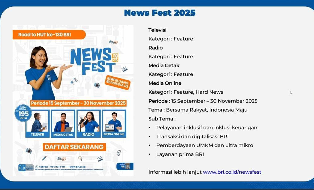 BRI gelar News Fest dan Creator Fest 2025 untuk jurnalis dan kreator digital dengan total hadiah Rp195 juta dalam rangka HUT ke-130.