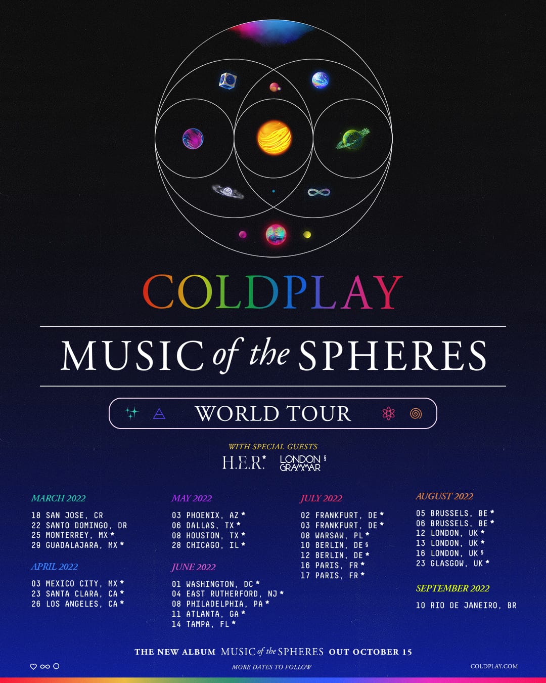 Coldplay memastikan Music of the Spheres World Tour berlanjut hingga 2025. Jadwal konser final belum diumumkan, menunggu pernyataan resmi dari band. (foto: Coldplay)