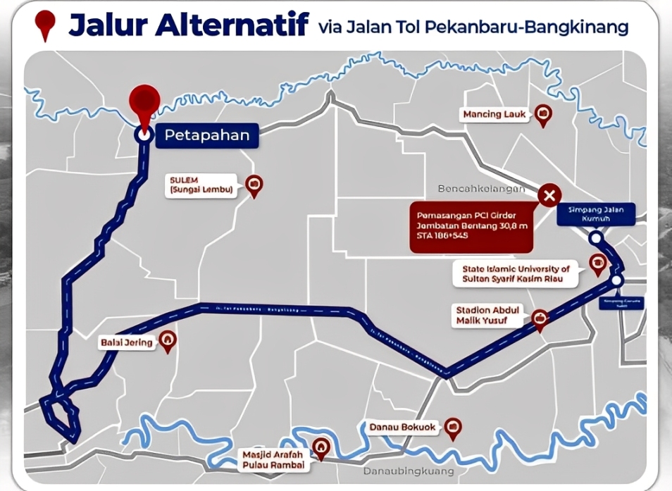 Jalur alternatif via Jalan Tol Pekanbaru &ndash; Bangkinang imbas pekerjaan erection girder Tol Lingkar Pekanbaru. (HK)