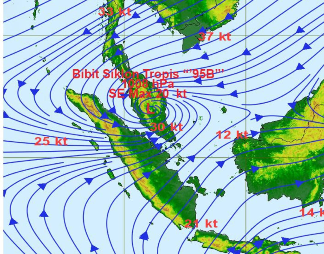 Peta Bibit Siklon Tropis 95B di perairan Malaysia yang memengaruhi hujan ekstrem Sumatera Barat, update BMKG 24 November 2025. (Foto: BMKG Minangkabau)