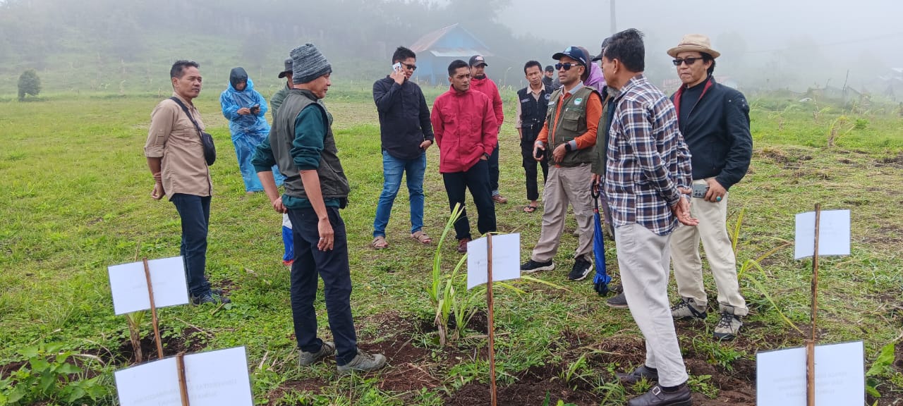 Proses penanaman batang kopi program pengabdian internasional di Dusun Puncak Lawang, Agam, Minggu (23/11/2025).