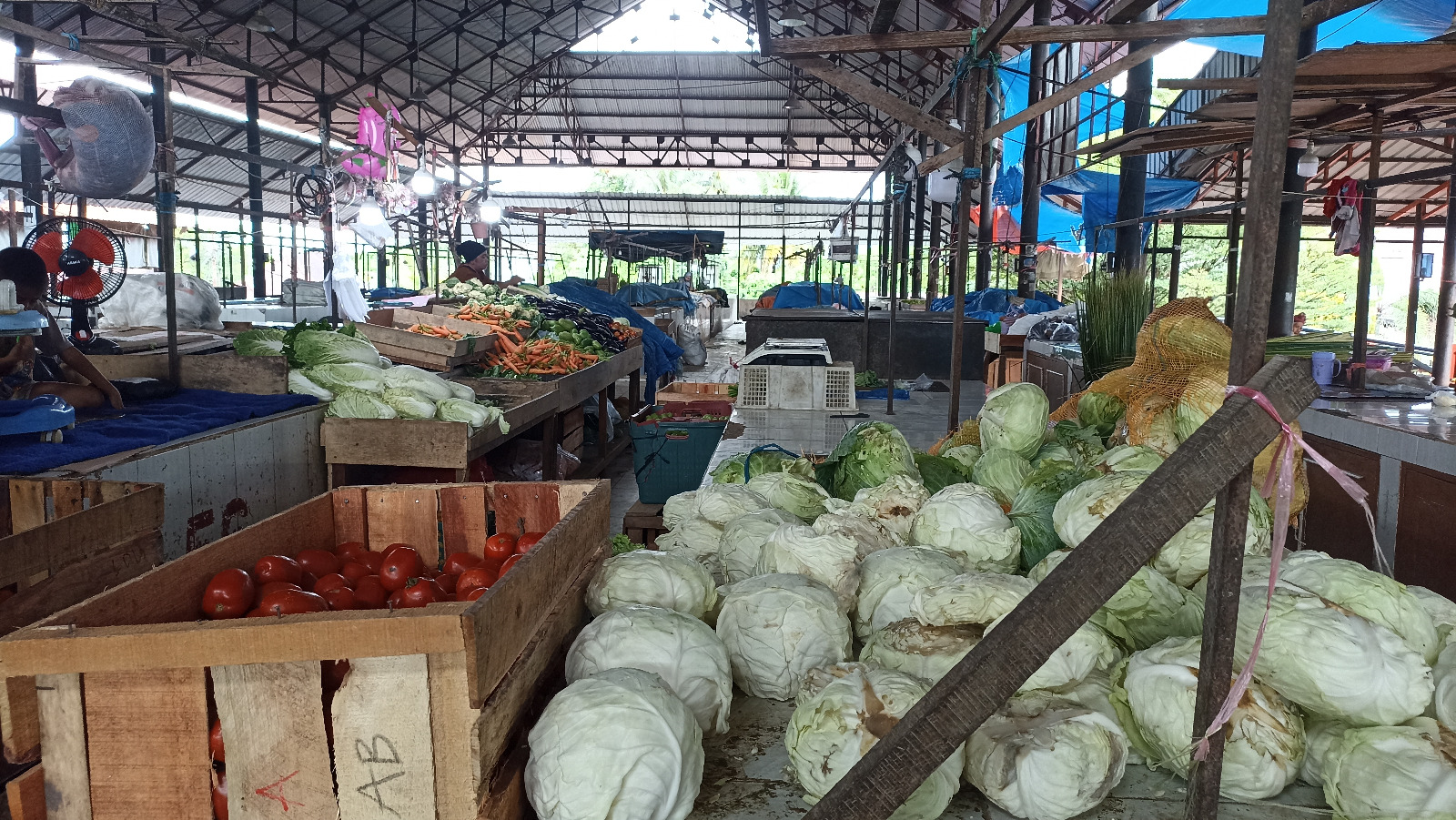 Suasana tempat penjualan sayur di Pasar Lubukbuaya yang terlihat sepi sejak hujan mengguyur Kota Padang beberapa hari terakhir.