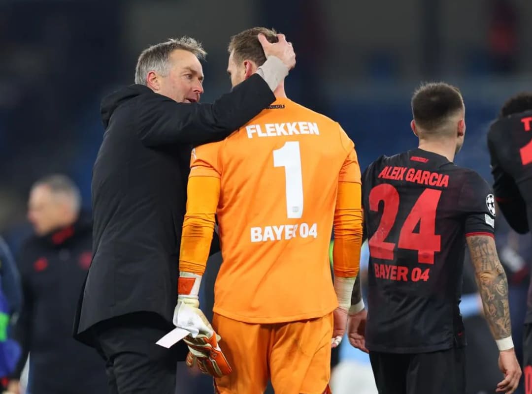 Kasper Hjulmand memuji penampilan Mark Flekken yang tampil gemilang dalam kemenangan 2-0 Bayer Leverkusen atas Manchester City. (Foto: UEFA.com)