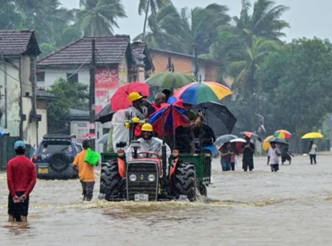 Banjir dan longsor akibat Siklon Ditwah di Sri Lanka memaksa ribuan warga mengungsi, sementara pohon tumbang dan jalan tertutup lumpur di Colombo dan Nuwara Eliya, Jumat (27/11). (Foto: AFP)