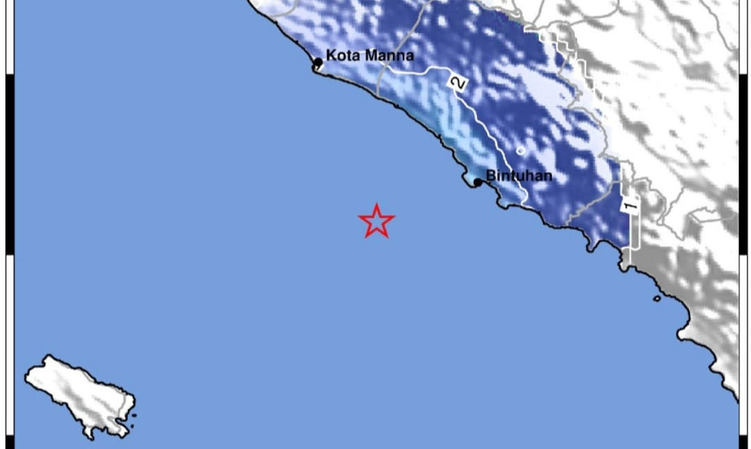 Peta estimasi guncangan gempa magnitudo 3,7 yang mengguncang wilayah Kaur, Bengkulu, Jumat malam (28/11/2025). (Foto: BMKG)