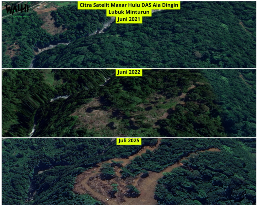 WALHI Sumbar ungkap bukti citra satelit adanya penebangan sistematis di hulu DAS Aia Dingin yang bertentangan dengan klaim kayu tumbang alami pascagalodo.