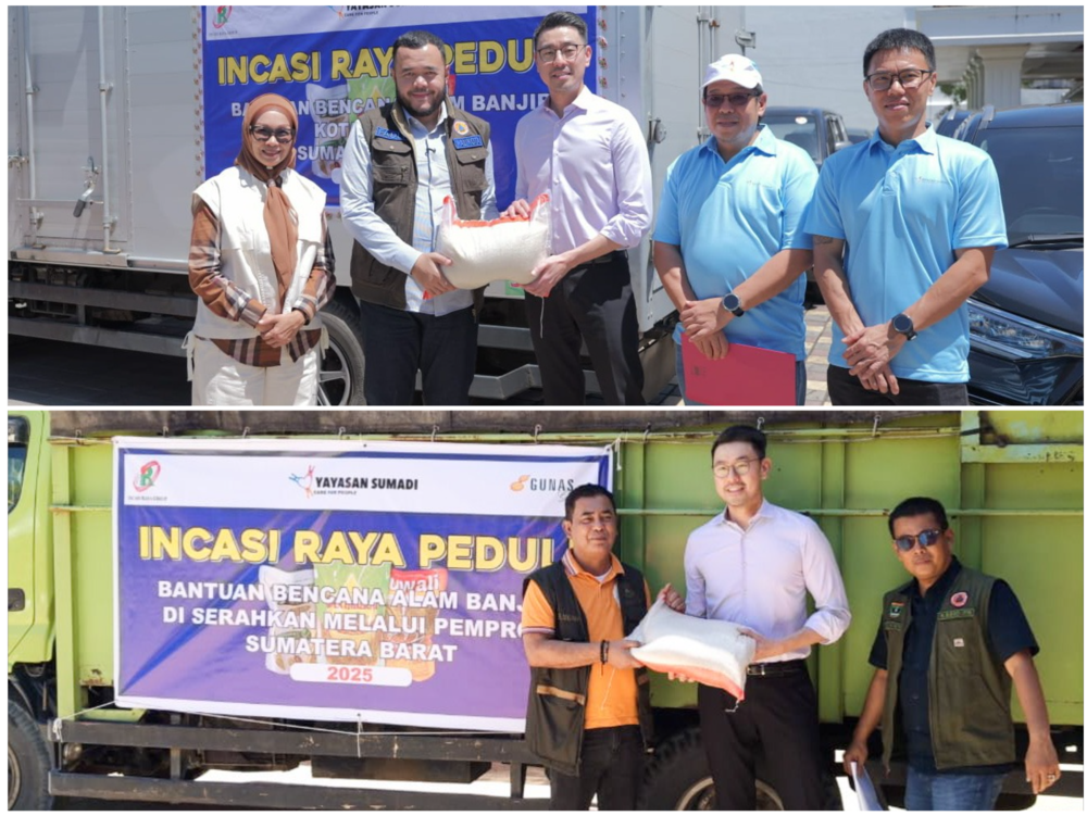 GM Incasi Raya Group, Hendry Gunawan, dan perwakilan Yayasan Sumadi serahkan bantuan bencana alam kepada Wali Kota Padang Fadly Amran. Dan penyerahan bantuan kepada Pemprov Sumbar, Sabtu (29/11/2025).
