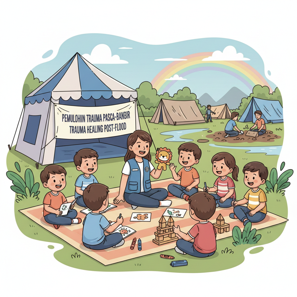 Ilustrasi kegiatan trauma healing bagi anak korban banjir.