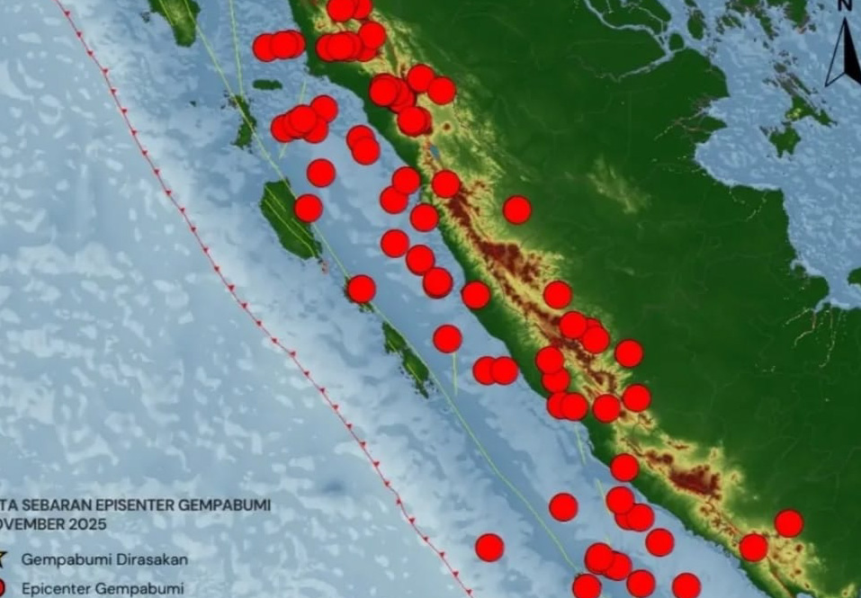 Peta titik 84 kali gempa bumi di Sumbar sepanjang November 2025. (BMKG Padangpanjang)