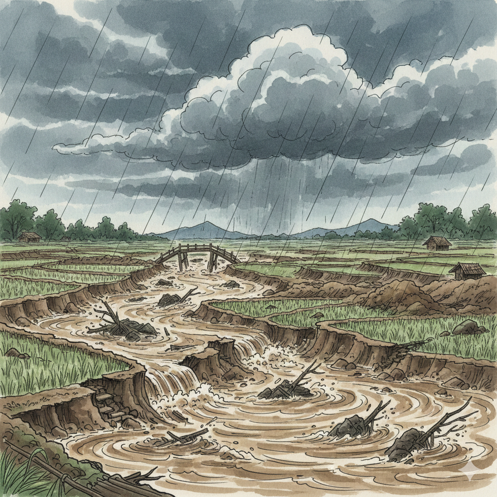 Ilustrasi irigasi sawah rusah diterjang banjir.