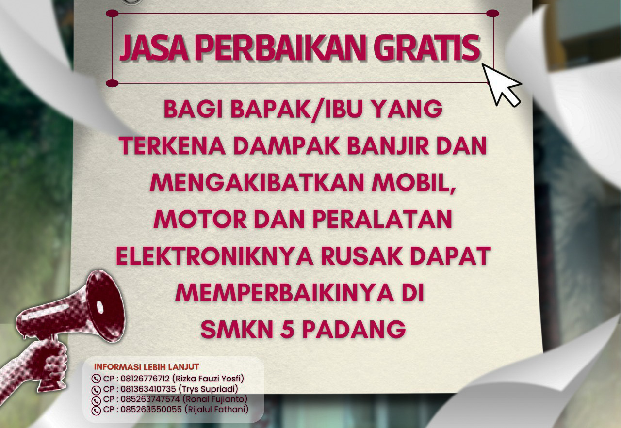 SMKN 5 Padang buka layanan perbaikan gratis bagi warga terdampak banjir, melibatkan guru, siswa, dan mitra industri untuk dukungan pemulihan.
