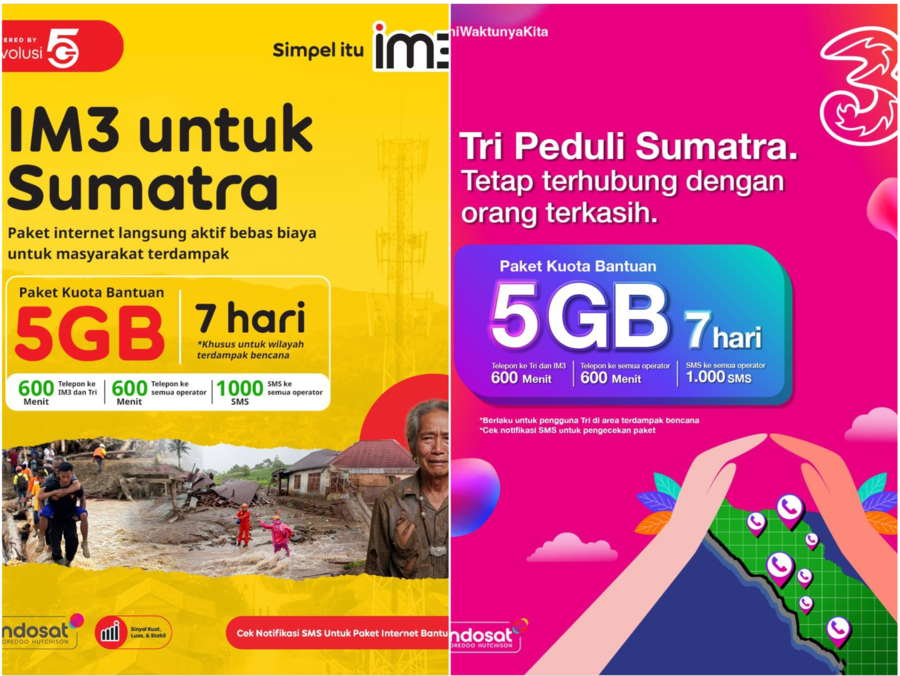 Indosat menyalurkan paket khusus bencana berisi kuota dan layanan komunikasi bagi pelanggan IM3 dan Tri terdampak banjir dan longsor di Aceh, Sumut, dan Sumbar.