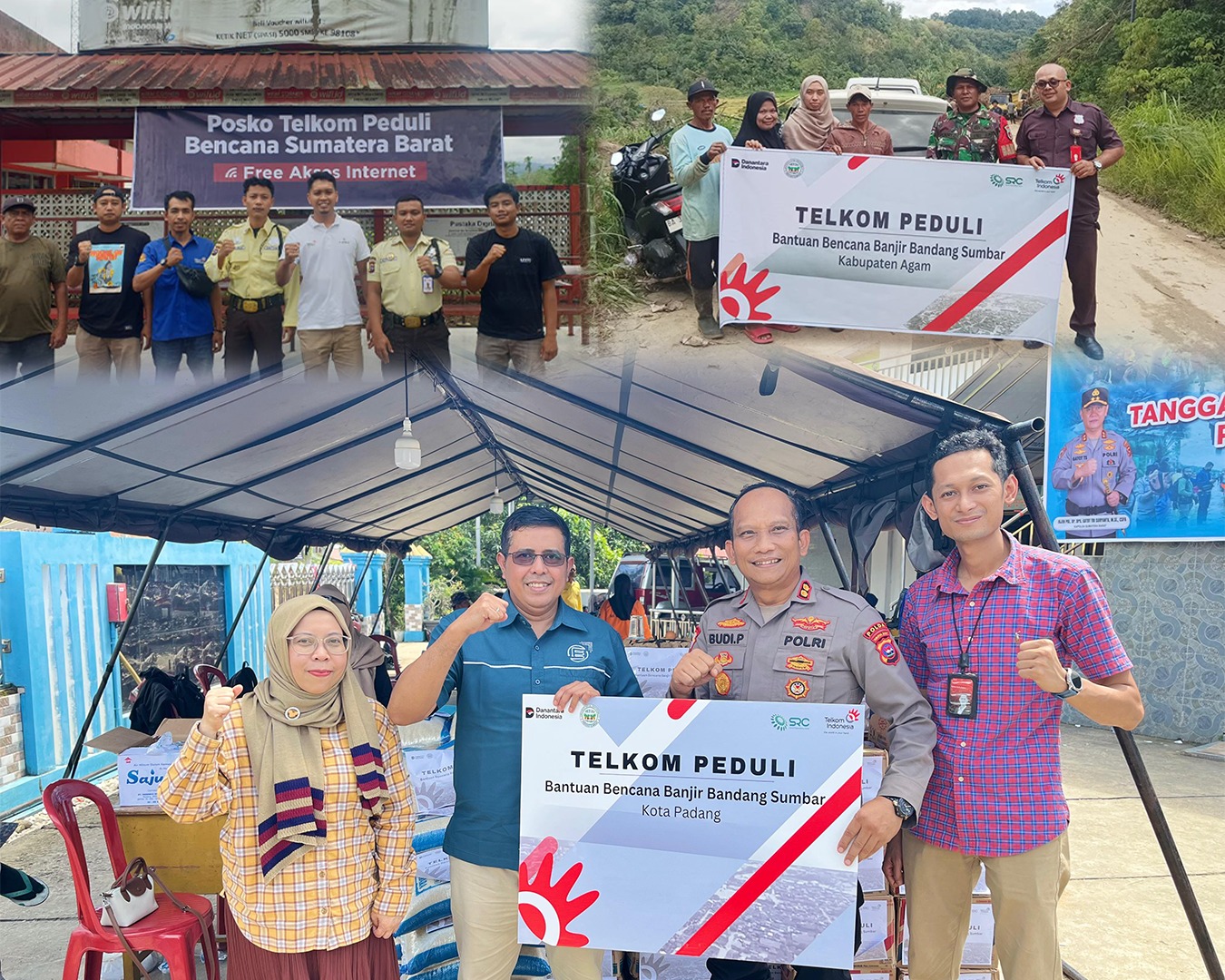 General Manager (GM) Telkom Witel Sumbar Jambi - Muhammad Ihsan (dua dari kiri) saat penyerahan bantuan untuk korban banjir bandang Sumbar di Posko Perum Cahaya Sungai Duo Kota Padang.