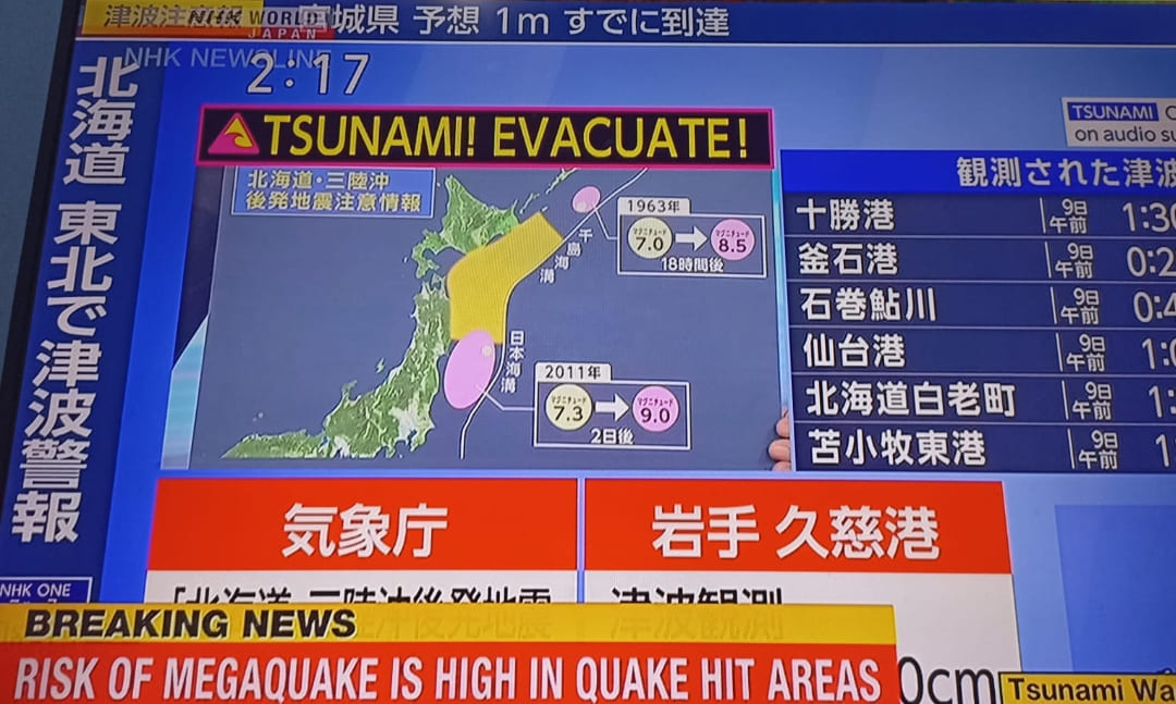Peringatan tsunami dan perintah evaluasi ditampilkan di televisi NHK, Senin malam (8/12/2025).(Foto: Tangkapan layar NHK World)