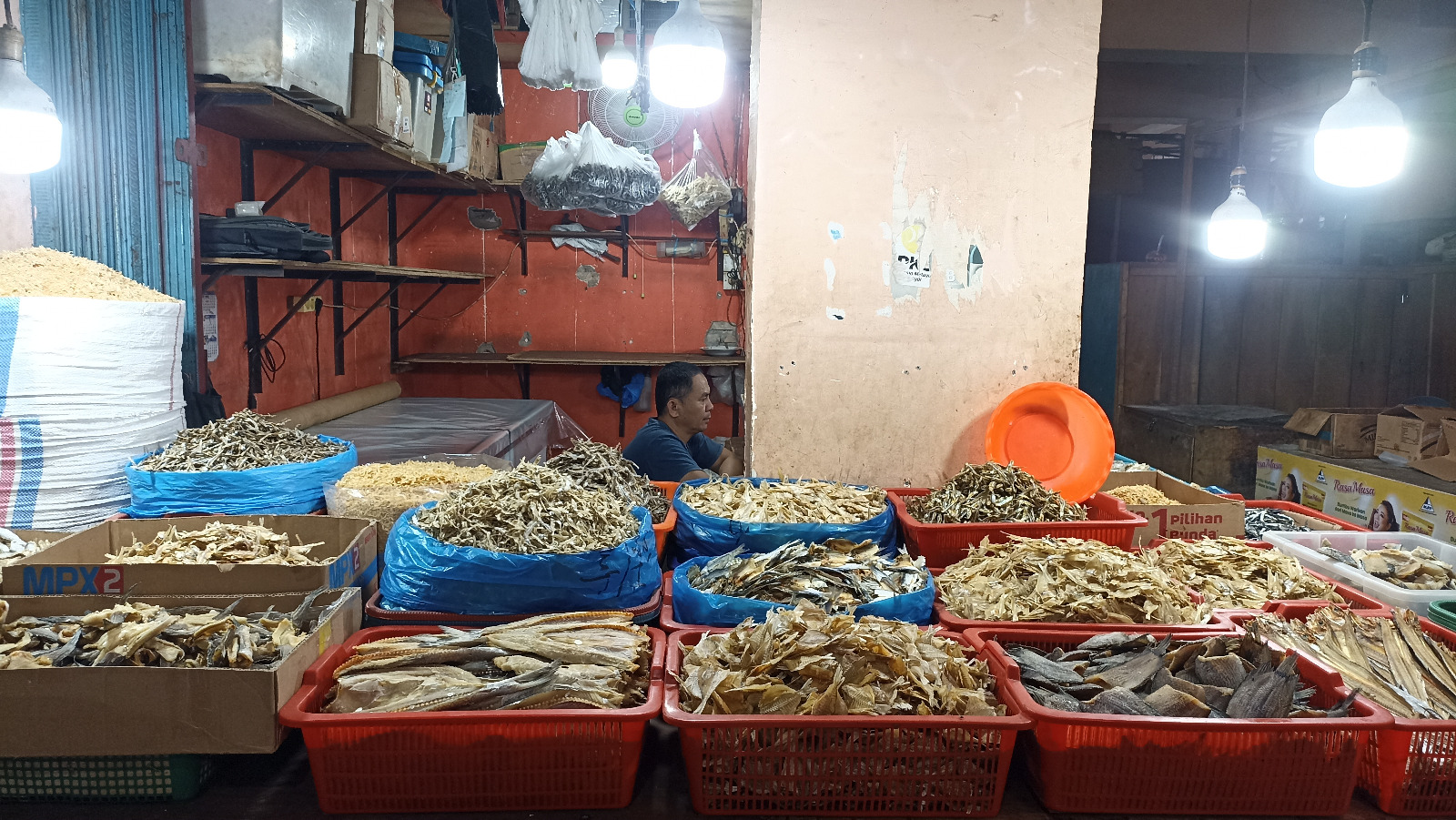Salah seorang pedagang ikan asin di Pasar Lubukbuaya sedang menunggu pembeli di lapaknya, kemarin.