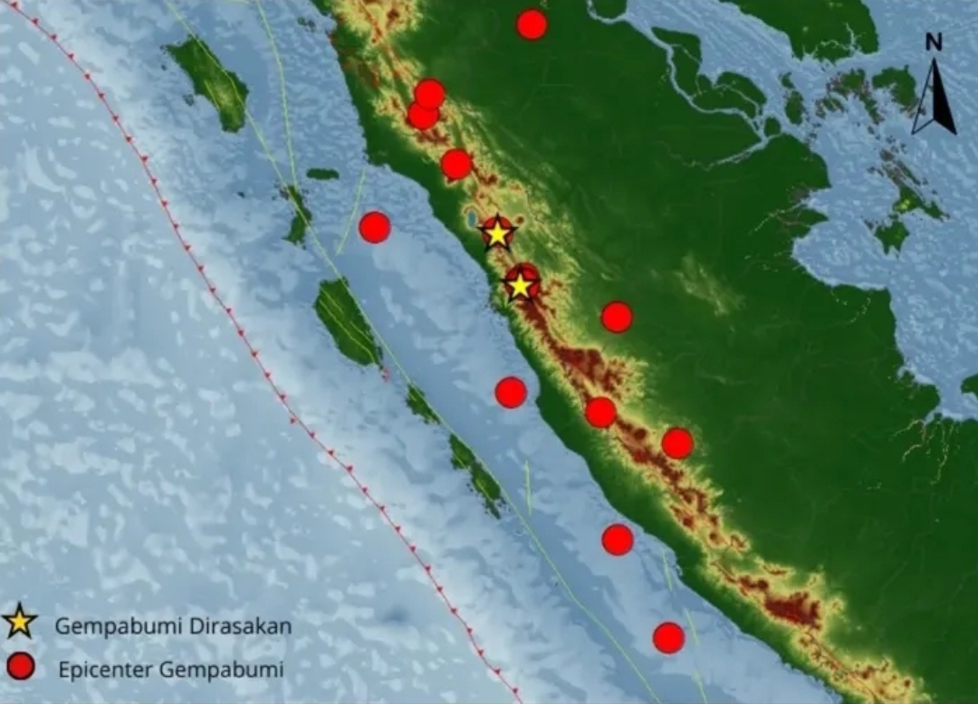 Peta Sebaran Gempa Sumbar 5&ndash;11 Desember 2025: Bintang Kuning menandai lokasi gempabumi yang dirasakan di Padang Panjang dan Solok, lingkaran merah menunjukkan episenter gempa.(Foto: BMKG)
