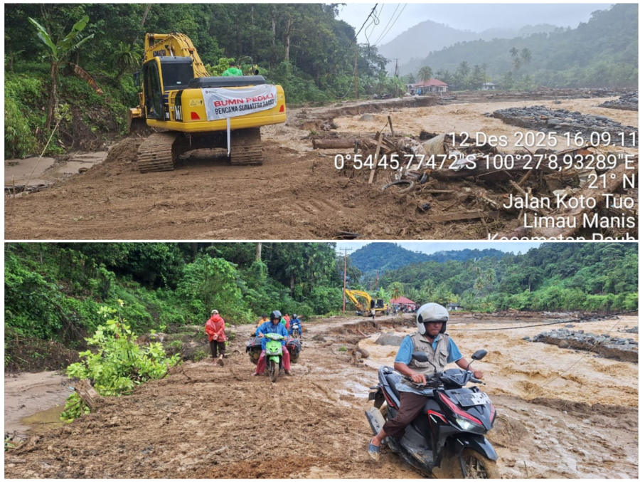 Akses jalan Batu Busuk kembali terbuka setelah putus total akibat banjir bandang. Semen Padang mengerahkan alat berat memulihkan jalur warga, Jumat (12/12/2025).