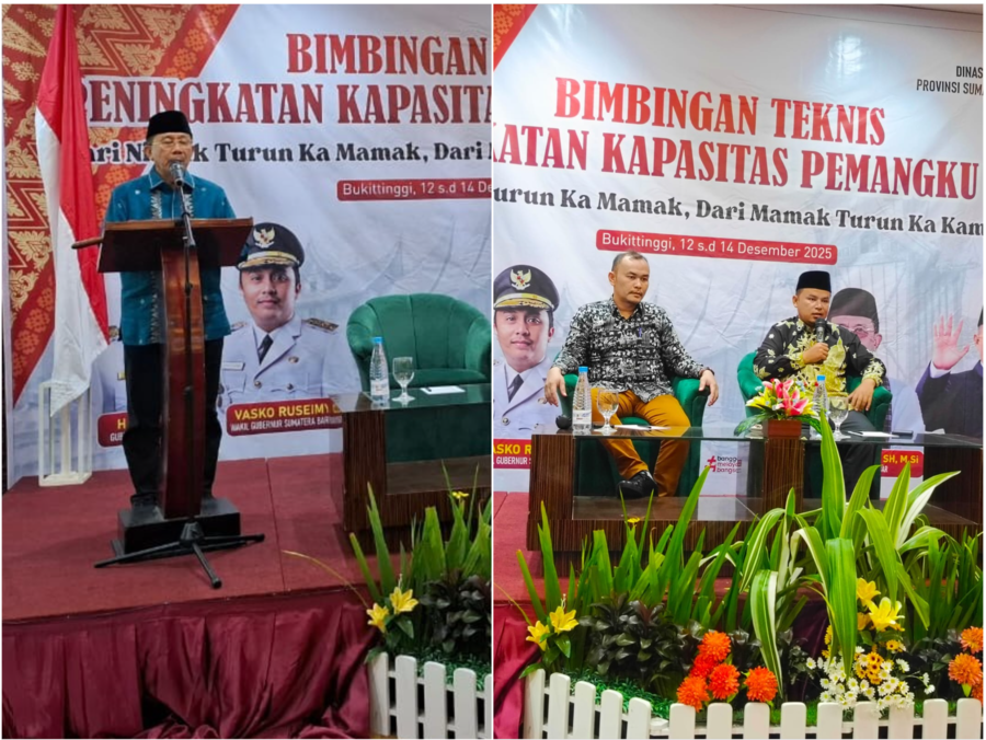 Kepala Dinas Kebudayaan Provinsi Sumatera Barat, Dr. H. Jefrinal Arifin, SH, M.Si (kiri). Narasumber Bimbingan Teknis Peningkatan Kapasitas Pemangku Adat di Hotel Rocky, Bukittinggi (kanan).